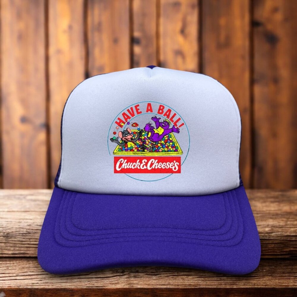 Chuck E. Cheese Have A Ball Mens Trucker Hat Purple Vintage Rare Logo Pizza Cap